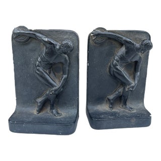 Pair of 1970s Black Greek Disc Throwing Olympic Bookends For Sale