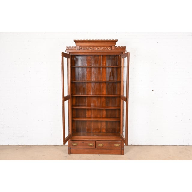 Wood Herter Brothers Style Antique Eastlake Victorian Carved Walnut Bookcase, Circa 1880s For Sale - Image 7 of 12