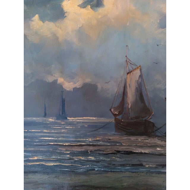 Presenting a moody and atmospheric marine seascape oil painting on canvas by Dutch artist Herman Lamers (1918–1988)....