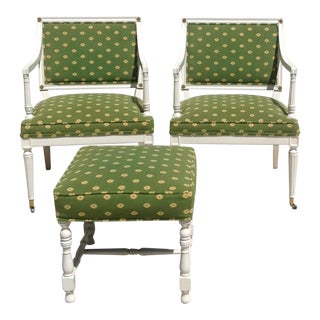 Pair of Tight Seat and Back Upholstered Empire Style Open Arm Chairs Plus Ottoman (3 Pieces) For Sale