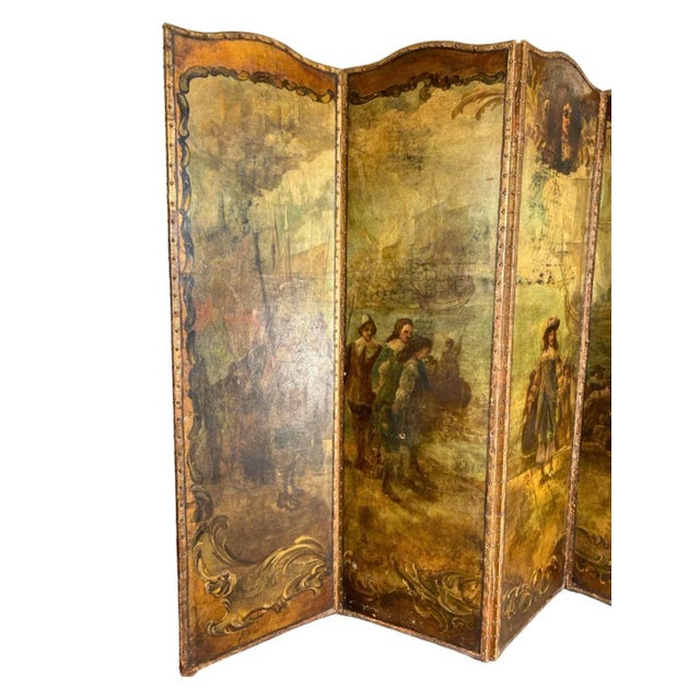 An exceptional 18th-century Italian paravento (folding screen) adorned with a panoramic oil-painted composition depicting...