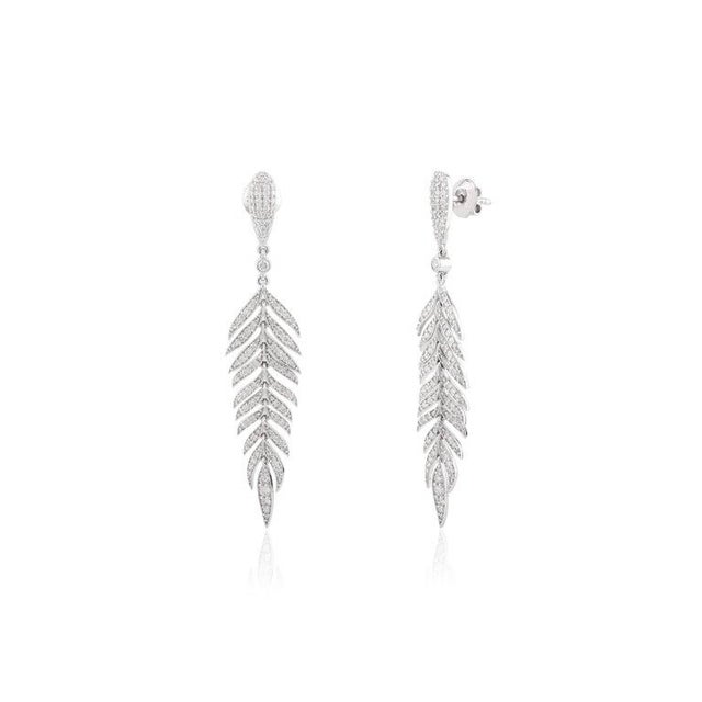 Fine Diamond Flexible Feather Dangle Drop Earrings in 18k Gold For Sale In New York - Image 6 of 11