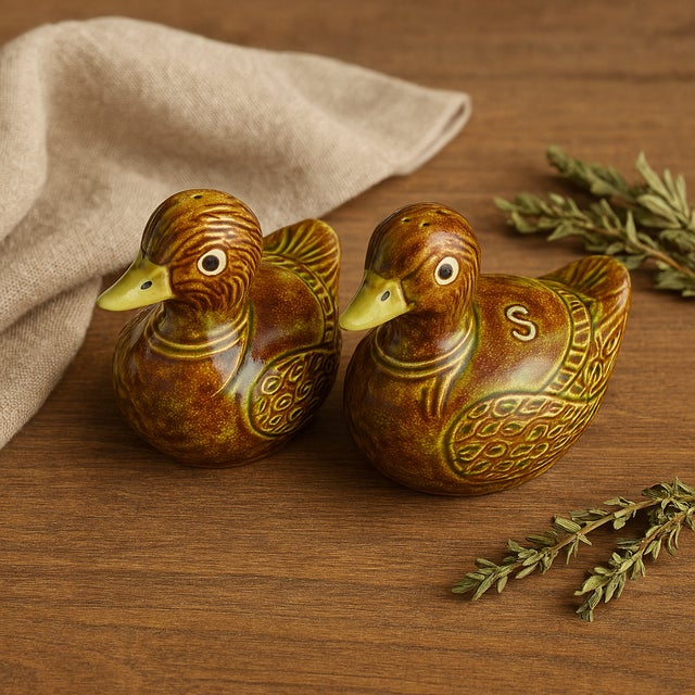 Green 1970s Handmade Ceramic Duck Salt & Pepper Shakers – Signed Folk Art Studio Pottery For Sale - Image 8 of 8