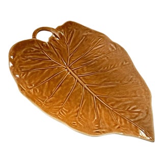 Vintage Bordallo Pinheiro Orange Porcelain Majolica Leaf Shaped Dish Plate 12" Portugal. For Sale