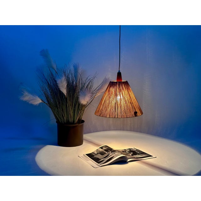 Wood Model 324 Height Adjustable Teak and Sisal Cord Hanging Lamp from Temde Leuchten, 1950s For Sale - Image 7 of 12