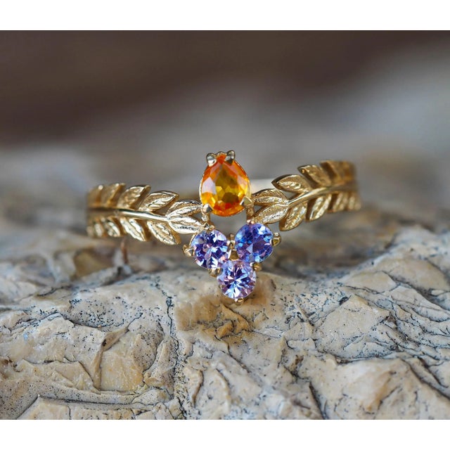 Pear sapphire 14k gold ring. Yellow sapphire ring. Olive leaves gold ring. Olive tiara gold ring. Sapphire engagement...