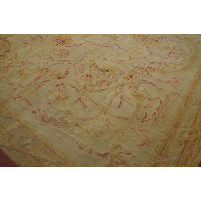 Beige 1870s Beige Floral Medallion Antique French Aubusson Rug 13'6" X 14'9" Flatweave Wool Carpet For Sale - Image 8 of 8