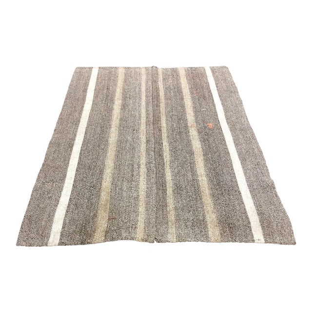 Vintage Turkish Oushak Handmade Striped Area Kilim Rug - 5'6" x 7'2" For Sale