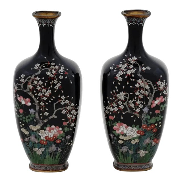 Pair of Antique Meiji Japanese Cloisonne Silver Wire Enamel Vases Blossoming Garden With Cherry Blossom Tree For Sale