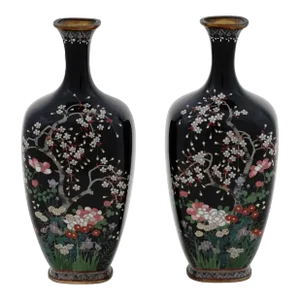 Pair of Antique Meiji Japanese Cloisonne Silver Wire Enamel Vases Blossoming Garden With Cherry Blossom Tree