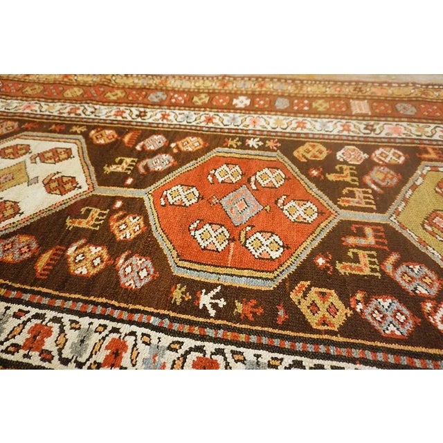 Textile 1930s Brown Geometric Tribal Antique Persian Kurdish Runner Carpet 3'10" X 13'2" Knotted Pile Rug For Sale - Image 7 of 15