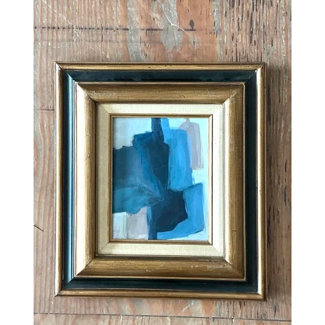 This sophisticated vintage abstract oil painting on board showcases a dynamic composition of interlocking geometric planes...