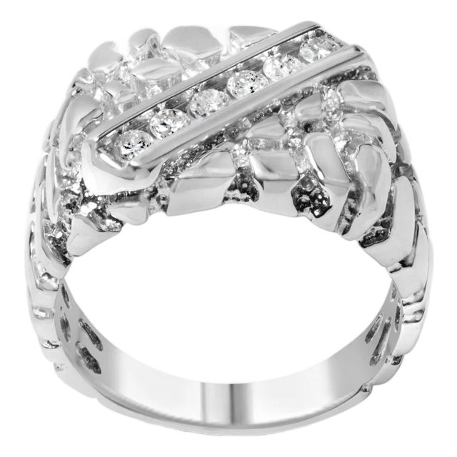 .925 Sterling Silver 1/3 Diamond 6 Stone Rectangle Nugget Gents Ring - Size 9 For Sale