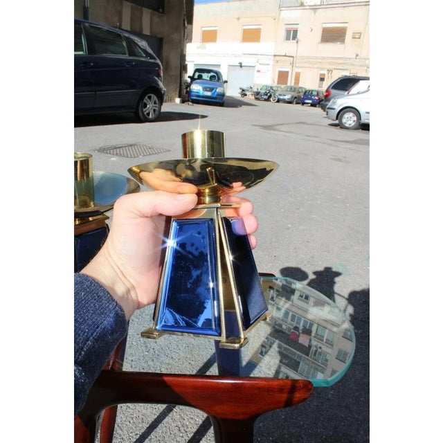 Gold-Plated Brass & Mirrored Glass Candelabras In Bevelled Cobalt Blue, 1950s, Set of 2 For Sale - Image 4 of 12