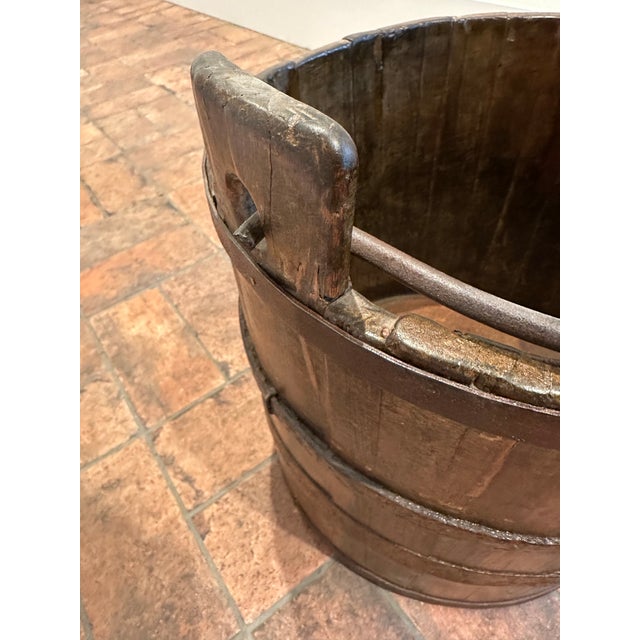 Vintage Primitive Wood Bucket W/ Blacksmith Forged Handle 14" Tall 13" Diam For Sale In Boston - Image 6 of 9