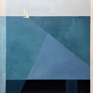Five Knots by Justin Wheatley | Acrylic on Canvas Abstract seascape with a sailboat in blue tones. For Sale
