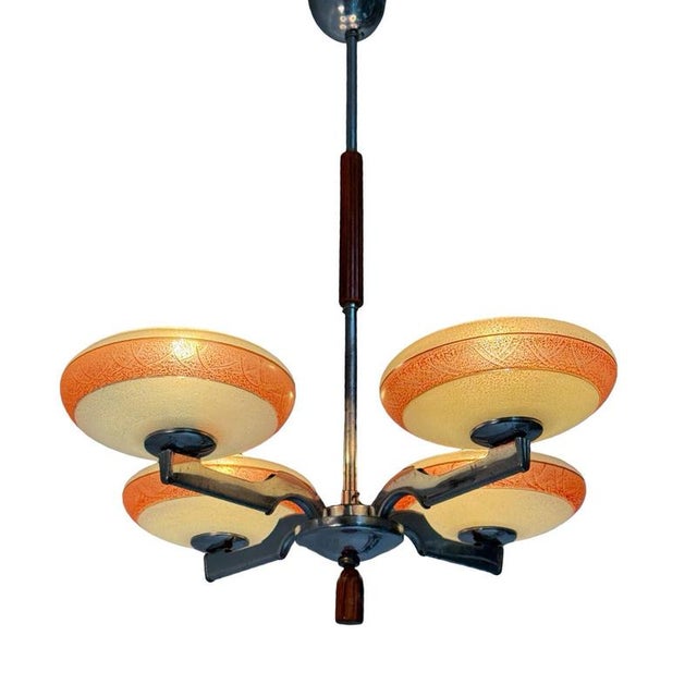 Art Deco Frosted Glass, Bakelite and Chromed Metal 4-Light Chandelier, Former Czechoslovakia, 1930s For Sale - Image 4 of 11