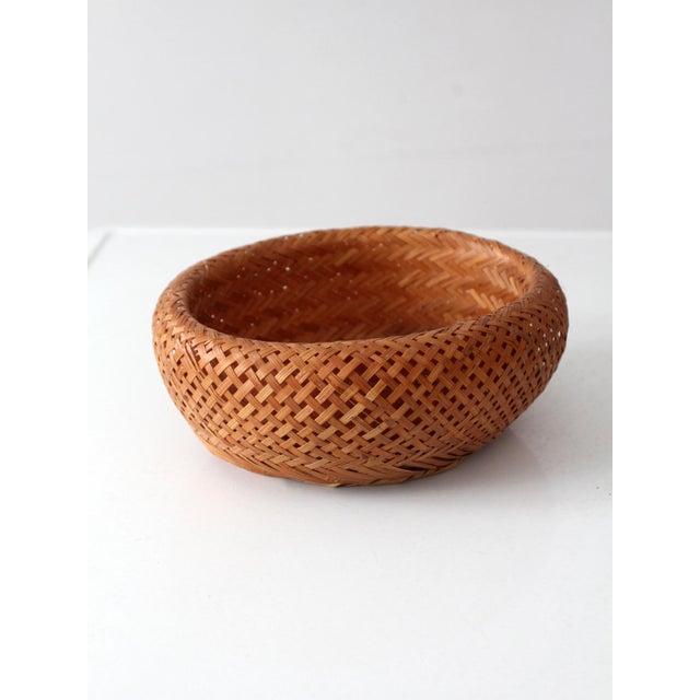 Vintage Woven Bamboo Basket Bowl With Rounded Sides For Sale - Image 6 of 14