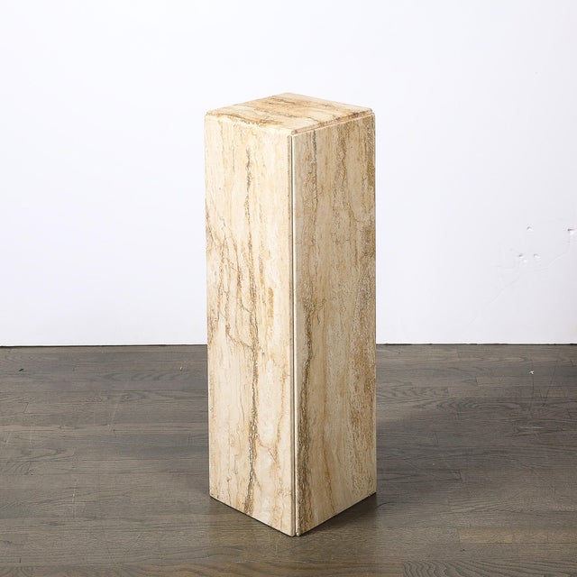 Mid-Century Modernist Rectilinear Travertine Pedestal With Stepped Detailing For Sale - Image 9 of 18