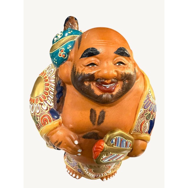 Vintage Japanese Kutani Hotei Laughing Buddha Moriage Gilt Figurine 9.25" For Sale - Image 4 of 9