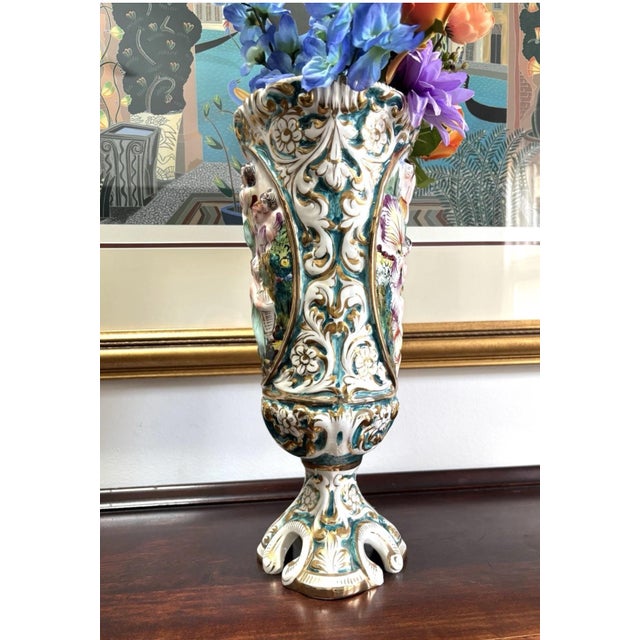 Italian Vintage Italian Women Themed Capodimonte Porcelain Pedestal Vase 14.5” For Sale - Image 3 of 10