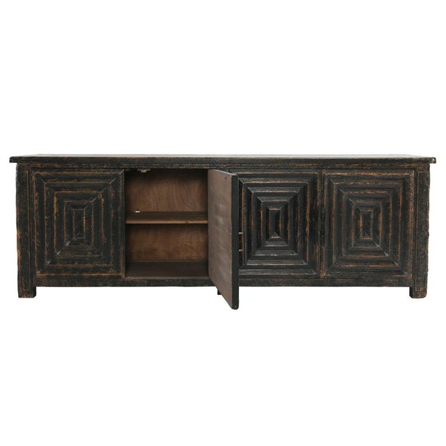 Contemporary Distressed Black Square Pattern Sideboard For Sale - Image 3 of 7