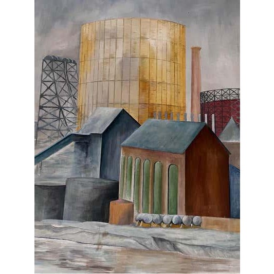 Industrial Landscape Painting, Signed Duff, 1942, Oil on Canvas, USA For Sale - Image 13 of 18
