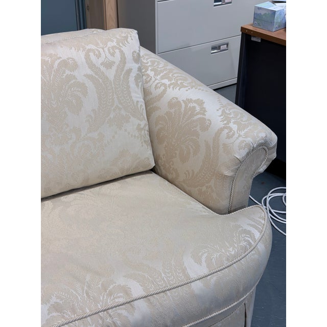 Cream Vintage Ethan Allen Cream Damask Skirted Sofa For Sale - Image 8 of 11