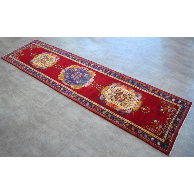 Textile 1950s Hand-Knotted Turkish Runner Rug Bold Colors Tribal Hallway Decor Lady Bug Pattern Unused - 3'4" X 13' For Sale - Image 7 of 17