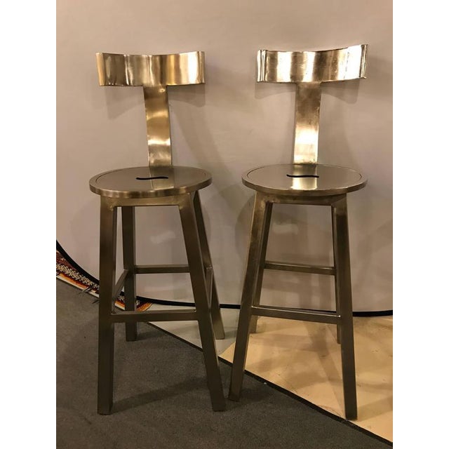 Silver A Pair of Deco Style Steel Bar Stool For Sale - Image 8 of 10