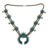 1960s Vintage Southwestern Zuni Native American Sterling & Turquoise Squash Blossom Beaded Necklace, 27” For Sale