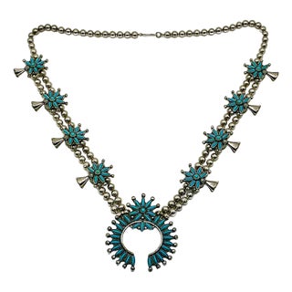 1960s Vintage Southwestern Zuni Native American Sterling & Turquoise Squash Blossom Beaded Necklace, 27” For Sale