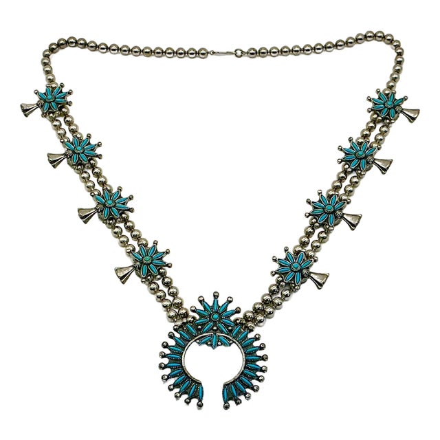1960s Vintage Southwestern Zuni Native American Sterling & Turquoise Squash Blossom Beaded Necklace, 27” For Sale