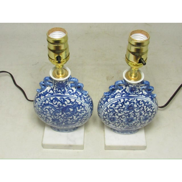 Pair of Chinese Blue and White Porcelain Moon Flask Shaped Lamps For Sale - Image 12 of 15