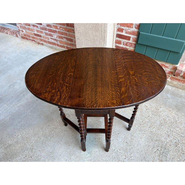 Antique English Petite Drop Leaf Table Barley Twist Gateleg Tiger Oak C1920 For Sale - Image 17 of 18