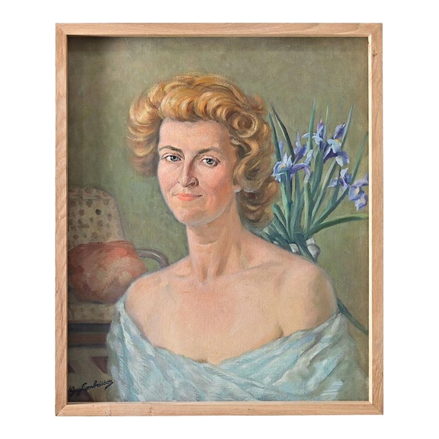 French Vintage Portrait Painting of a Lady with Iris Signed Guy Combrisson For Sale