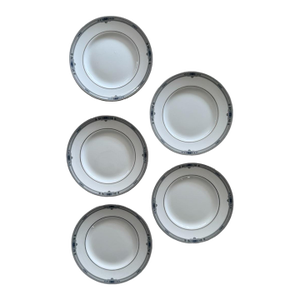 Late 20th Century Wedgwood Amherst Bone China Plates 6 Inch Dove Gray Greek Key Blue Floral England - Set of Five (5)