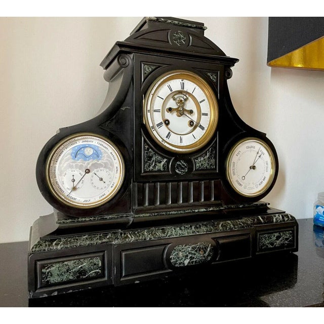 Black 19th Century French Perpetual Calendar Clock With Open Escapement & Barometer For Sale - Image 8 of 13