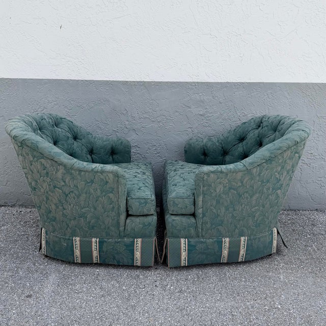 Textile Vintage Mid Century Skirted Green Tufted Lounge Chairs - A Pair For Sale - Image 7 of 7