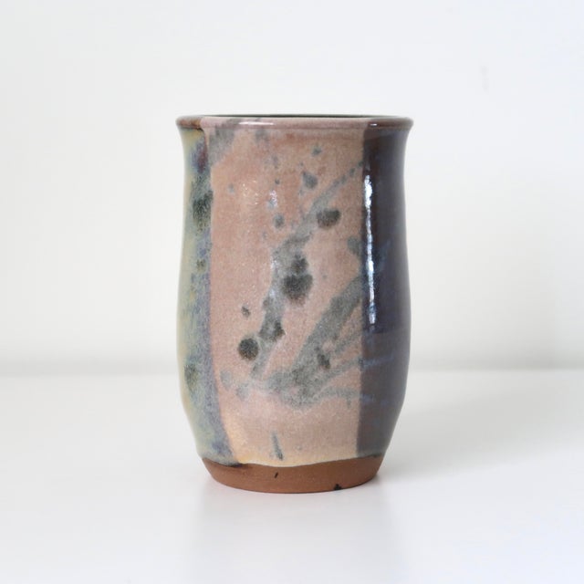 Signed Handmade Ceramic Studio Pottery Tumbler Shaped Vessel With Abstract Brushwork & Variegated Glaze For Sale - Image 11 of 16