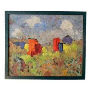 Mid 20th Century “Structures” Abstract Rustic Landscape Oil Painting by Charles F. Holman, Framed
