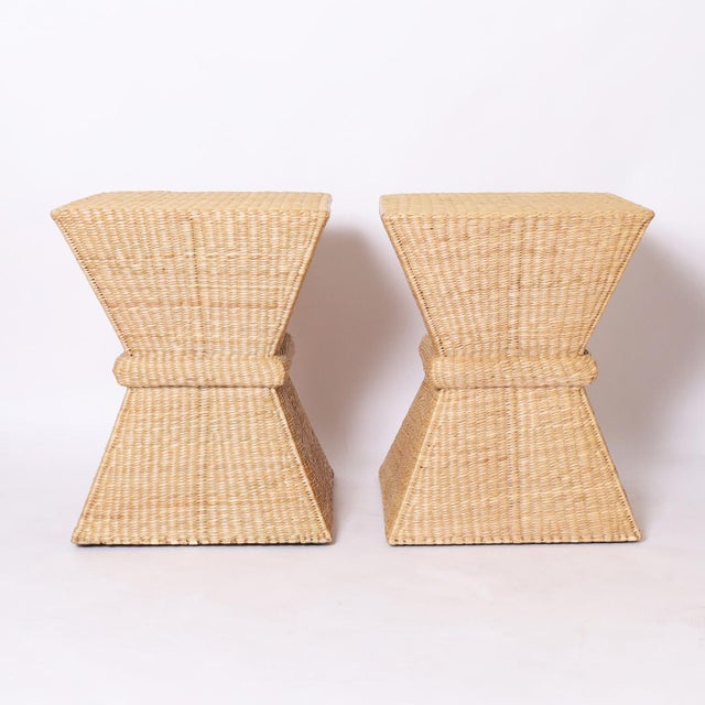 Pair of mid century hourglass inspired stylized sheaf of wheat stands or tables hand crafted with a sturdy metal frame...