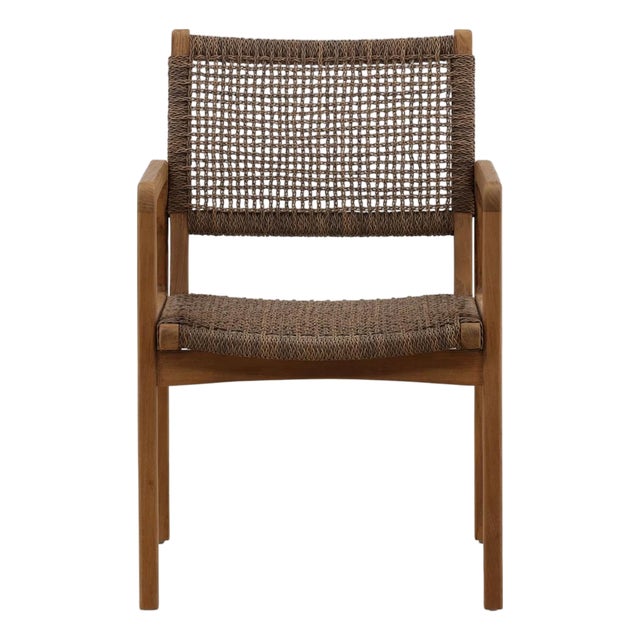 Mocha Faux Wicker & Teak Outdoor Dining Chair For Sale
