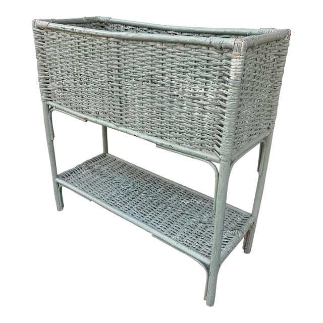 Antique Painted Wicker Plant Stand With Lower Shelf For Sale