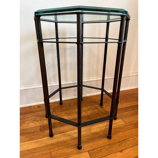 1970s Patinated Brass and Beveled Glass Octagonal Side Table Campaign Style For Sale - Image 5 of 12