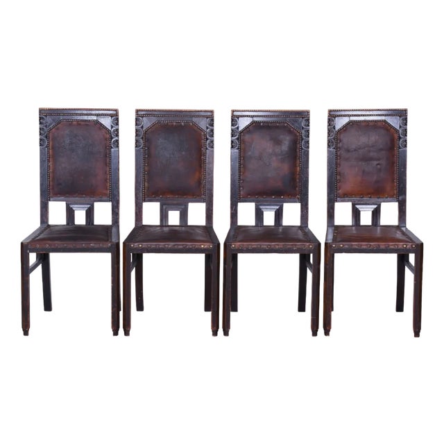 Czech Cubist Chairs in Oak and Red Leather by Josef Gočár, 1910s, Set of 4 For Sale