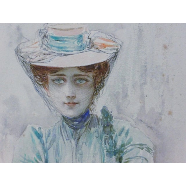 Italian Pietro Scopetta B.1863 Woman Portrait Watercolor Painting For Sale - Image 3 of 4