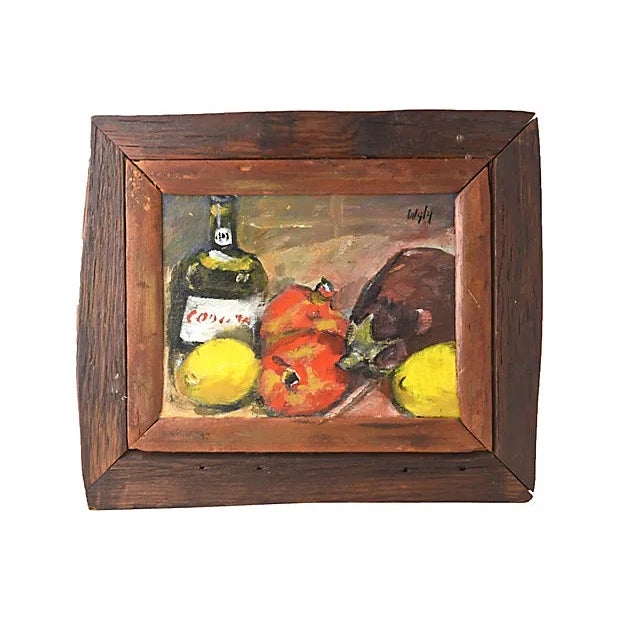Mid 20th Century Fruit & Bottle Still Life Acrylic Painting, Framed For Sale In Miami - Image 6 of 7