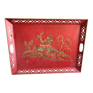 Vintage Red Hand Painted Chinoiserie Tole Tray For Sale