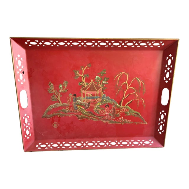 Vintage Red Hand Painted Chinoiserie Tole Tray For Sale